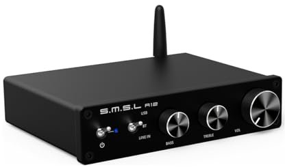 SMSL A12 Infineon's MA12070 Amplificateur Audio stéréo Bluetooth 5.0 Classe D intégré 2 canaux pour Haut-Parleur Domestique avec contrôle des Basses et des aigus 80 W x 2