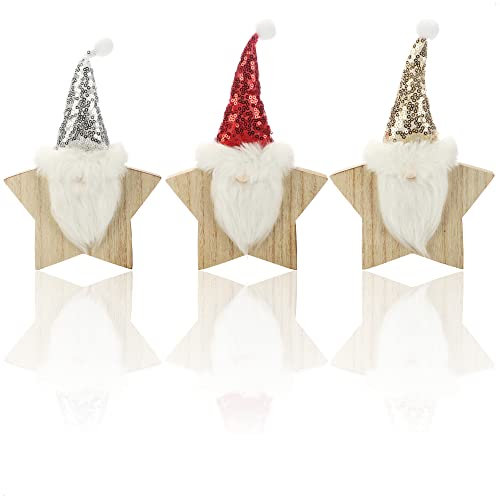 com-four® 3X Supporto in Legno per Natale - gnomi in Feltro a Forma di Stella in Legno per Stare in Piedi - Figure Decorative in Legno Gioielli Decorativi (Stelle - Oro/Argento/Rosso)