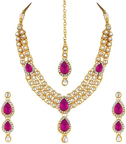 Aheli Wear Kundan Maang Tikka Earrings Necklace Set Bharatanatyam Jewelry