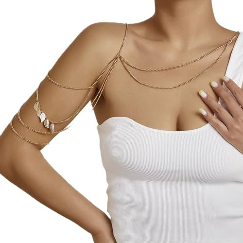 TseenYi Punk Layered Schulterkette Halskette Gold Quaste Schulterkette Multilayer Blatt Quaste Schulter Körperkette Sommer Bikini Schulterkette Strand Link Harness Körperkette Schmuck Frauen Mädchen