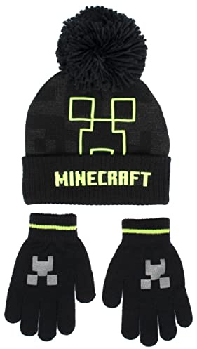 Minecraft - Children's Hat & Gloves Set - Black Woolly Hat & Gloves Warm Beanie Hat for Boys - One Size Fits 6-12 Years Gift for Boys - Official Merchandise