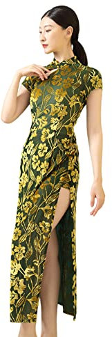 ROYAL SMEELA Traditionell Chinesisch Cheongsam Für Damen Samt Chinesisches Cheongsam Qipao Kleid Für Frauen Gedruckt Kurzarm Cheongsam Kleid Lang Damen Chinesischer Stil Qipao Kleider Grün