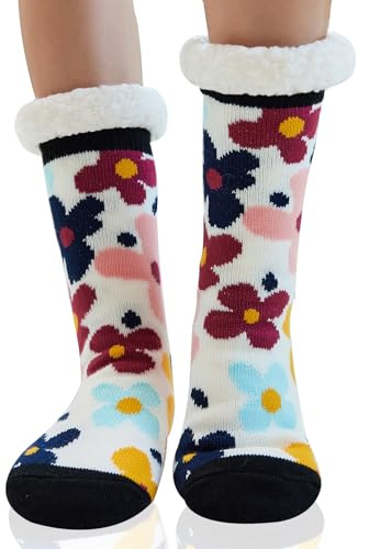 WYTartist Gosiga sockor för kvinnor, fluffiga varma hemmastrumpor, halkfria strumptofflor, tjocka strumpor för vinter, sängstrumpor med ABS-sula, Blomma, Einheitsgröße