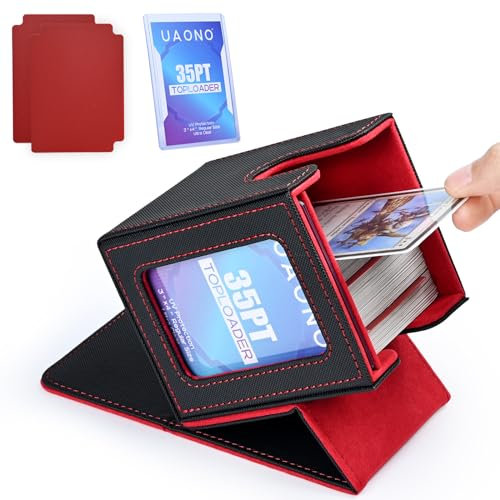 UAONO Magic Deck Box mit MTG Commander-Display, Patentiertes Deck Boxen für 100+ Karten, Sammelkarten-Aufbewahrungsboxen, Spielkarten Deck Case, mit 2 Trennwänden, 1 Toploader (Schwarz und Rot)