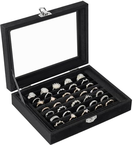 Jutieuo Velvet Ring Organizer Box, 7 Slots Jewelry Holder with Glass Lid Earring Display Tray Storage Case Gift for Women and Girls (Black)