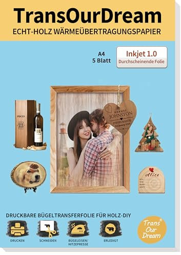 TransOurDream 5XA4+1 Bauwollstoff,Echt Holz Inkjet Wärmetransferpapier(Transparent Folie) für Tintenstrahldrucker bedruckbares Transferpapier zum Aufbügeln für Holz