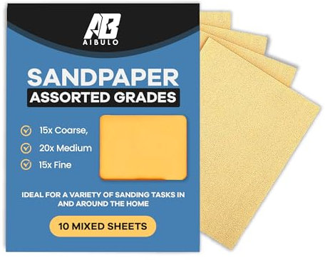 Aibulo Assorted Sandpaper Sheets - Pack of 10 Mixed Grits, Ideal for Wood, Walls, Furniture, Metal, and More - Sandpaper for Home Improvement and Decorating