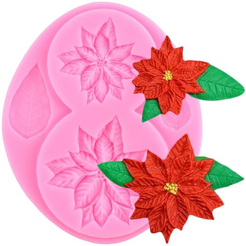 XMOLDNMS Moule en silicone en forme de feuilles de poinsettia pour décoration de gâteaux, cupcakes, bonbons, chocolat, pâte à sucre, argile polymère