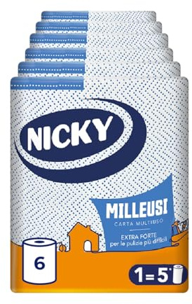 Nicky Milleusi Forte – 6 Rotoli di Carta Multiuso, 250 Resistenti Fogli a 3 Veli, Per le Pulizie Più Difficili, Lunghezza Extra e Infinita Versatilità, Carta 100% Certificata FSC