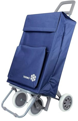 Carro de la Compra Plegable con Bolsa Térmica 4 Ruedas para Subir Escaleras, Carrito del Mercado, Bolsa Impermeable isotérmica de 46L litros. Porta Paraguas. (Azul Marino)