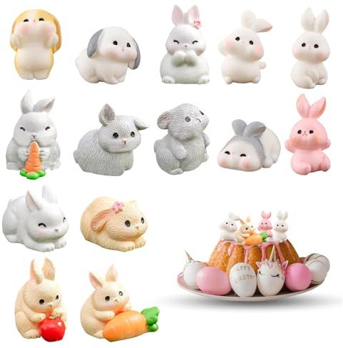 KUBDPQOR 14 Piezas Miniatura Figuras de Conejo de Pascua Lindo Conejito Decoración, Mini Figuras de Conejo, Mini Conejito Decorativo de Resina para Hogar Regalo de cumpleaños y artículos de Fiesta.