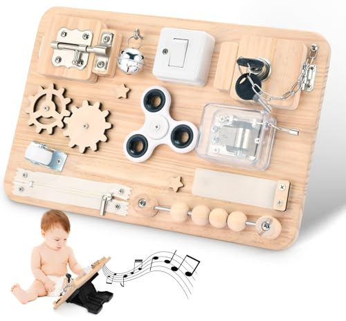 Potatomato Montessori Wooden Busy Board Developing Sensory Toys Educational Learning Activity Board Fidget Travel Toys for Fine Motor Skills Baby Boys & Girls Birthday Gifts