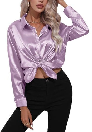 Hey Joo Women's Elegant Satin Silk Shirt Button Down Long Sleeve Blouse Tops Purple L
