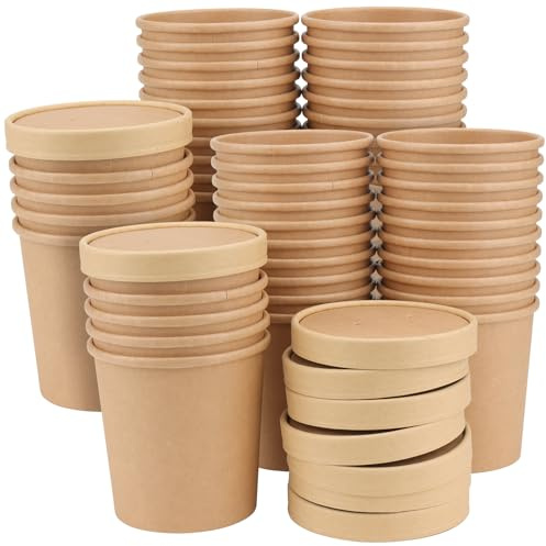HEIYUET 50 Stück Einweg Suppenbecher Pappe mit Deckel 460ml, Braun Papier Suppenbecher to Go mit Deckel, Einweg Eisbecher Pappe Speisebecher, Mikrowelle und Gefriersicher