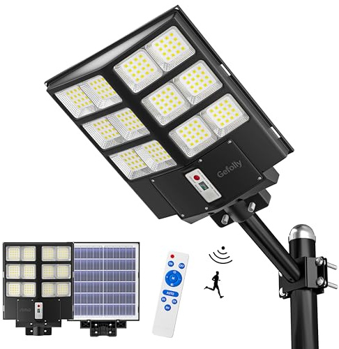 Gefolly SL-2100W Lampione Solare LED Esterno, 200000LM Faro Stradale con Pannello Solari con Sensore di Movimento, 6500K IP67 Impermeabile Faretti LED Esterno Solare per Giardino
