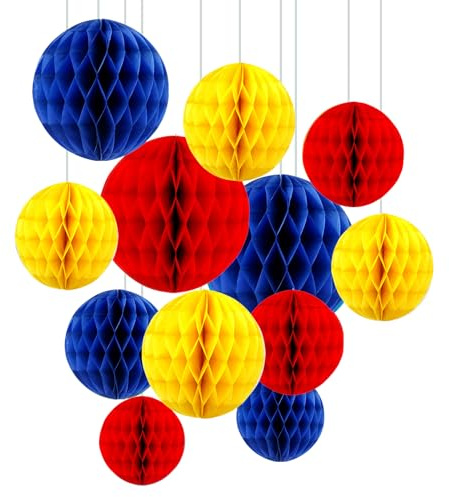 ZYOOO 12pcs Paper Honeycomb Balls, 15/25cm Tissue Paper Hanging Balls for Birthday Party,Carnival,Circus,Graduation Decorations (Blue,Yellow,Red)
