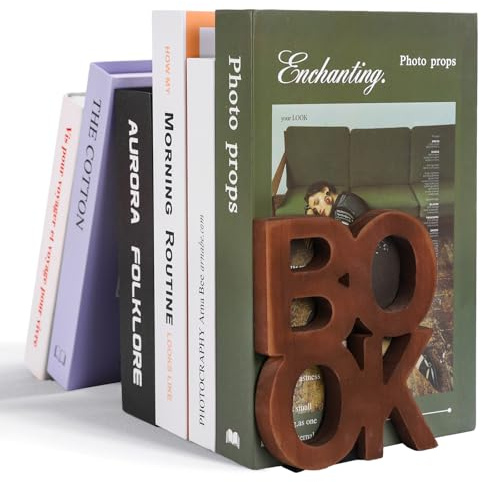 Whaline 2Pcs Book Wood Bookends Rustic Burnt Brown Decorative Book Stands Non Skid Carved Block Letters for Heavy Books Home School Office Library