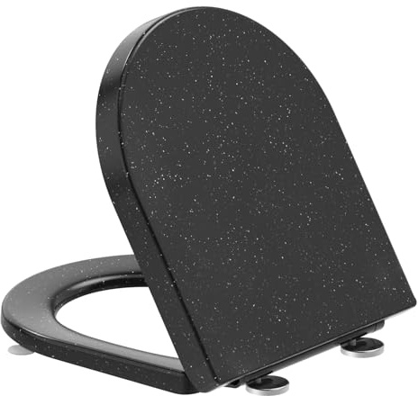 SREWOHS PRO Abattant WC D Forme en Urée-formaldéhyde avec Abaissement Automatique -Couvercle WC Noir Effet Marbre avec Quick-Release - Abattant Silencieux Soft-Close - Facile à Nettoyer 42,5 x 36,2 cm
