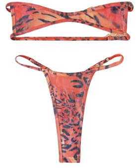 SHENHE Women's Sexy Leopard Print Bandeau Bikini Set Strapless Mini Thong Brazilian Swimsuits Coral Pink Small