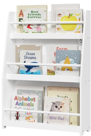 WOLTU Bibliothèque Enfant, Meuble Rangement Enfant, Étagère Livre à 3 Niveaux, Rangement Jouet Enfant, Blanc, en MDF et Bois