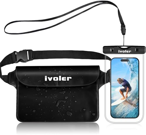 iVoler Kit Impermeabile con Borsa Marsupio e Custodia Smartphone IPX8 per Sport Acquatici Pesca Vela Sci Mare Escursione, Protezione per Cellulare Portafoglio Documenti - Nero/Cristallo