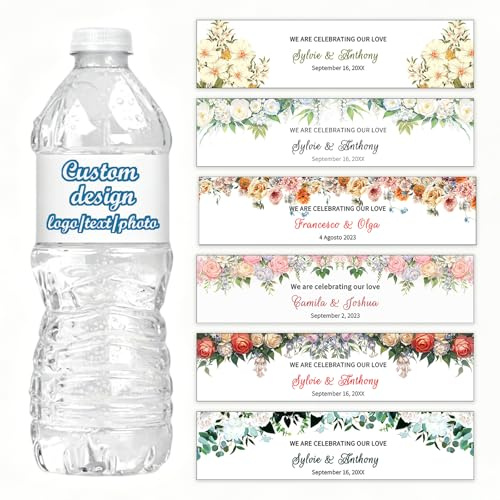 Custom Waterproof Water Bottle Labels Stickers 2x8 Inch, Personalized Bottle Stickers with Photo Text Logo for Wedding, Bridal Shower, Engagement, Birthday, Anniversary & Business