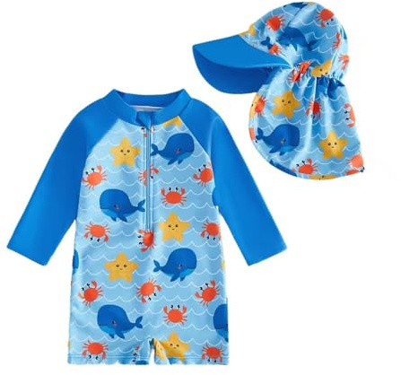 Traje de Baño Bebé UPF50+ con Capucha y Mangas Largas Rash Guard con Cremallera Cómoda y Transpirable Traje de Baño Bebe Niño Niña de Playa Vacaciones para 0-2 Años