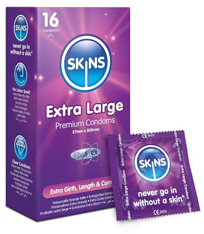 Skins Extra stora kondomer multipack, säker med naturligt utseende som känns som riktig hud, paket med 16