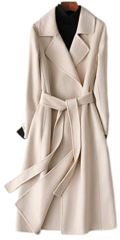 XMZFQ Womens 100% Wool Trench Coats Autumn Winter Solid Color Cashmere Coat Slim Warm Long Woolen Overcoat Long Sleeves Cardigan Jackets Outwear with Belt,Beige,L