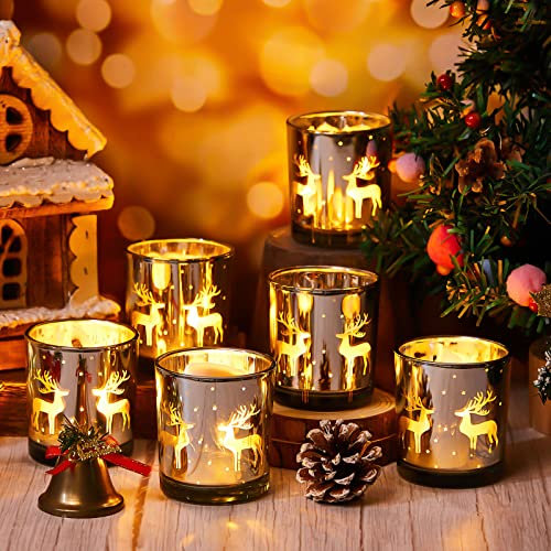 BBTO Set of 6 Christmas Candle Holder 3.2 Inch Height Gold Silver Glass Tealight Holders Deer Snowflake Christmas Tree Vintage Antique Candle Holders for Christmas Party Table Decor (Elk Style)