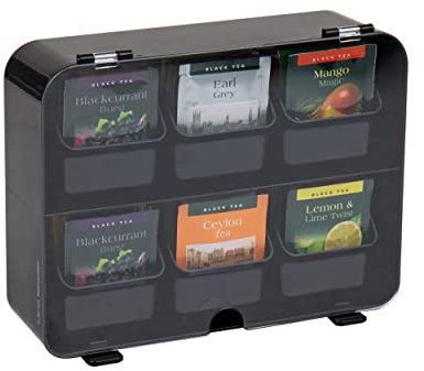 Mind Reader Foundation Collection, 6 Fächer Teebeutel Organizer, 72 Taschen Kapazität, herausnehmbare Schubladen und Klappdeckel, Arbeitsplatte Organizer, Wandmontage, Pausenraum, Schwarz