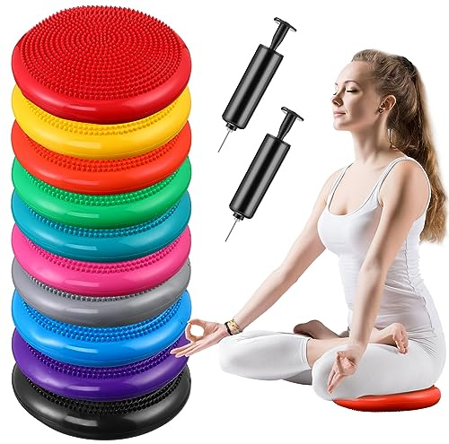 Leitee 10 Pcs Inflated Wobble Cushion Wiggle Seat Balance Disc with Needle Pump Adult Sensory Balance Cushion for Exercise Fitness Yoga Strengthen Core Stability Physical Therapy