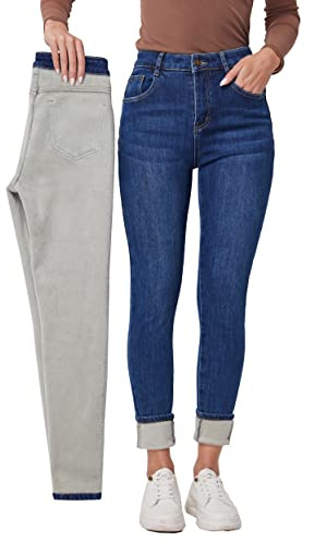 Fakanhui Jeans doublés polaires pour femmes Hiver Jeans doublés en flanelle Jeans thermiques en denim Jeans chauds, XS