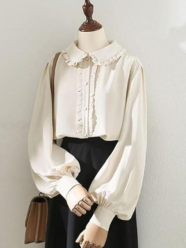 FRESQA Söt söt Lolita-blus kvinnor Kawaii Peter Pan krage lösa avslappnade toppar kvinnliga chic volanger elegant vintage långärmade skjortor