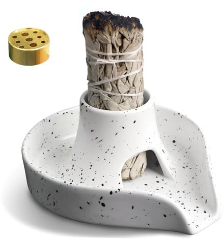 Wanwanzi Porta incenso in ceramica – Ciotola bianca 3 in 1 per salvia bianca/bastoncino di Palo Santo/incenso – fatto a mano con punti unici