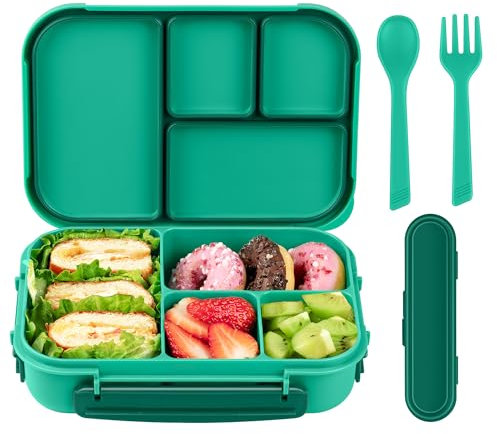 Amathley Brotdose Kinder Mit FäChern,Bento Box Kinder,Brotdose Erwachsene,1200ml Lunchbox Mit 4 FäChern Und Besteck,Mikrowellen Und SpüLmaschinenfest,BPA-Frei Und Wiederverwendbar (Grün)