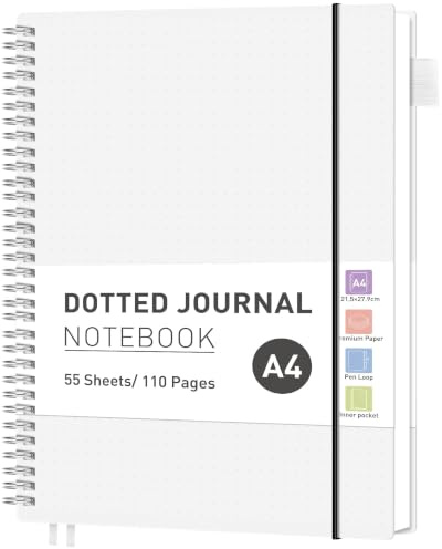 RETTACY A4 Spiral Notebook, Dotted Journal, 110 Pages, Transparent | Flexible Plastic Cover Notepad, 100 GSM Thick Bullet Paper, for Women Men Work Office School - 21.5 × 27.9 cm
