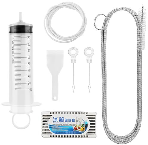 Kit de Nettoyage pour Réfrigérateur, Outil de Nettoyage de Réfrigérateur, outil de vidange réfrigérateur, avec Tuyau, Pelle de Dégivrage, Seringue, Bouchons de Trou de Vidange de Réfrigérateur, 7pcs