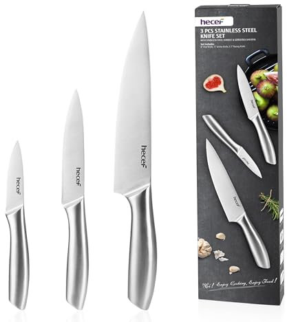 hecef Coltelli da cucina professionale con copertine da gioco, set di coltelli da cucina 3 pezzi, include coltello da chef, coltello multiuso e coltello da sbucciatura, argento