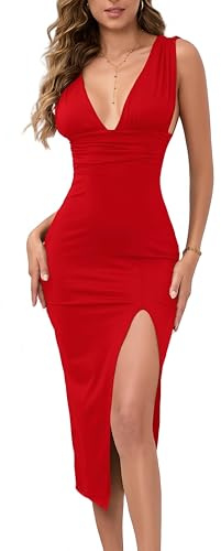 Belriviere Summer Dress for Women Sexy Sleeveless Bodycon V Neck Side Slit Evening Elegant Casual Midi Dresses S Red