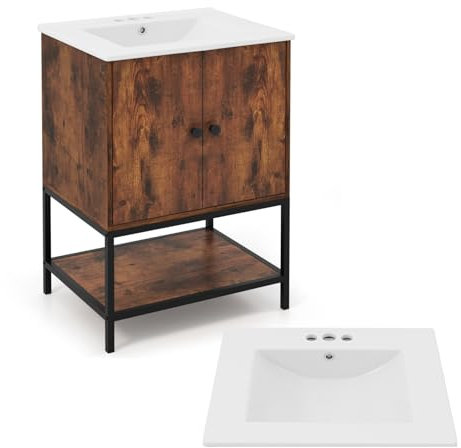 LIFEZEAL Mobile Bagno con Lavabo, 61x46,5x87 cm, Lavabo Bagno con Mobile, 2 Ante e Rapiano, Lavandino Bagno con Mobiletto, Mobili Bagno con Lavabo da Terra, con Telaio in Ferro, Vintage Marrone