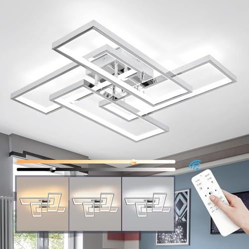 Vloitgol Modern Ceiling Light LED, 66cm Silver Dimmable Ceiling Lights Fixtures LED with Remote Control, 4-Square Chrome Living Room Lamp for Dining Room Bedroom Office Kitchen Living Room Light - 56W