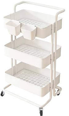 Dalephoric Rollwagen Küche mit 3 Ebenen, Küchenwagen, Küchenrollwagen mit Griffen, Nischenregal mit 2 Behälter, Metallhalterung und Kunststoffkorb, für Küche, Badezimmer, 39x36x80cm, Weiß
