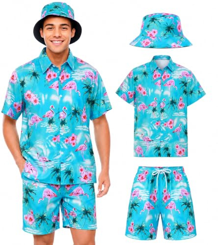 SERTAS Chemise hawaïenne pour homme, Ensemble de 3 pièces pour homme avec chemise flamant rose, short et chapeau de pêcheur, Tenue décontractée pour festival pour homme, Ensemble chemise flamant rose