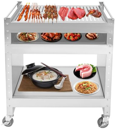 KLOOLIVE Carro de barbacoa de acero inoxidable, mesa de barbacoa con 4 ruedas universales, mesa auxiliar de 3 niveles, barbacoa multifuncional al aire libre para trolley reuniones familiares