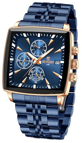 FORSINING Orologio Uomo Quadrato, Orologio Cronografo al Quarzo Business con Funzione Luminosa e Data, Impermeabile Cinturino in Acciaio Inossidabile Blu Orologio di Lusso per Uomo