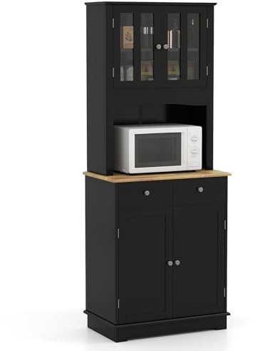 COSTWAY Mobile Dispensa da Cucina, Credenza Alta in Legno con 2 Cassetti e Ripiani Regolabili, Armadio Buffet Cucina con Ante in Vetro, 69 x 41 x 170 cm (Nero)