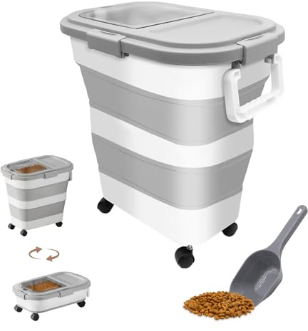 Zyluniy Conteneur à Croquettes pour Chien et Chat, Capacité 10-15 kg, Boîte de Stockage Pliable avec Roues et Cuillère, Rangement Aliments Secs