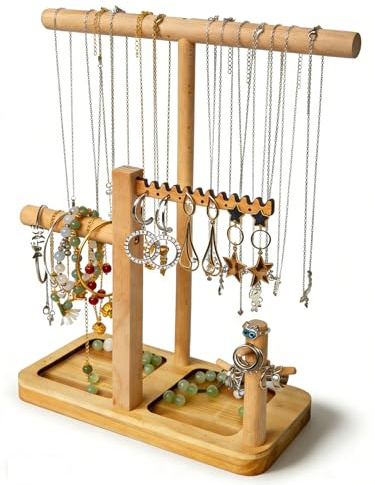 NUEKOELY Solid Wood Jewelry Tower Organizer - 3-Tier Tree Holder Stand with 11 Earring Holes, 2 T-bar for bracelets Necklace or watches, Ring Tree & Display Tray (natural wood)