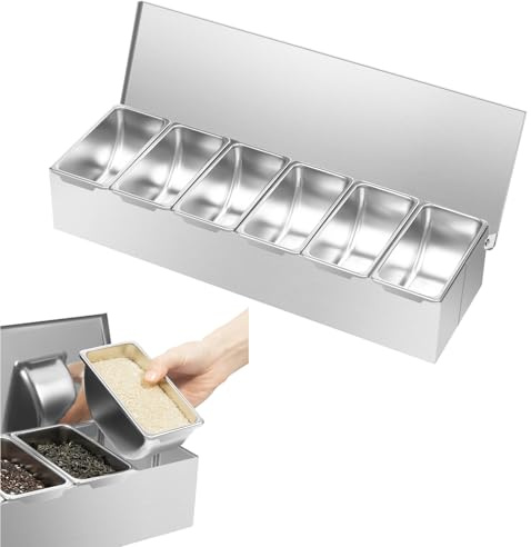 VonVVer Stainless Steel Condiment Dispenser with 6 Detachable Compartments - 2.9 lbs Lightweight Pizza Topping Station, Stackable Cheese Box for Fridge, Food-Grade Condiment Holder for Kitchen